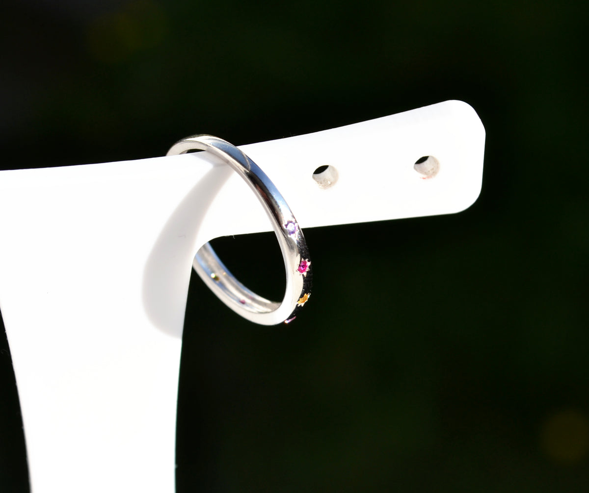Sterling Silver 925 2mm Wide Multi Coloured CZ Star Set Closed Ring Not Adjustable