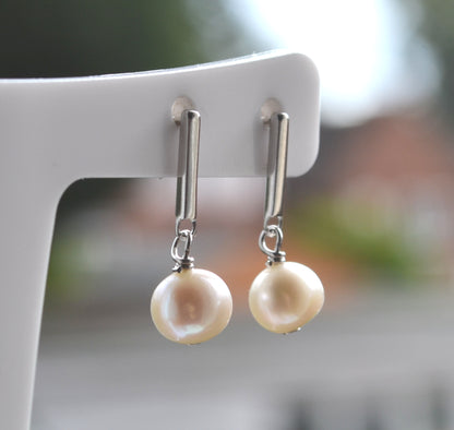 Sterling Silver 925 7x8mm Oval Genuine Freshwater White Pearl Long Bar Drop Earrings