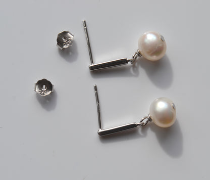 Sterling Silver 925 7x8mm Oval Genuine Freshwater White Pearl Long Bar Drop Earrings