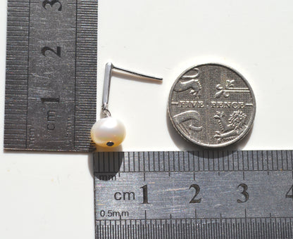 Sterling Silver 925 7x8mm Oval Genuine Freshwater White Pearl Long Bar Drop Earrings