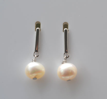 Sterling Silver 925 7x8mm Oval Genuine Freshwater White Pearl Long Bar Drop Earrings