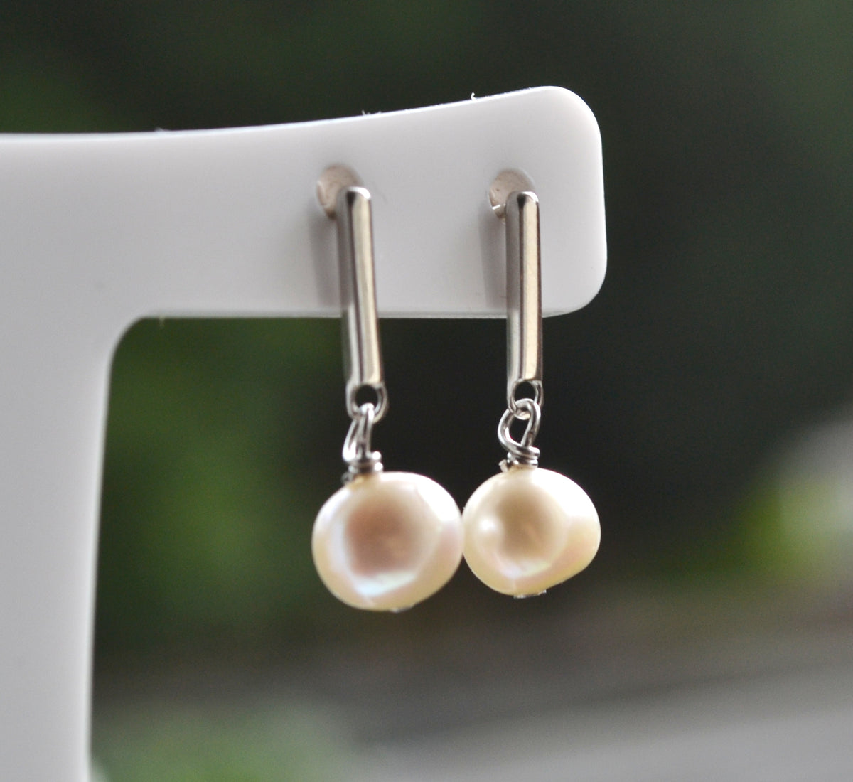 Sterling Silver 925 7x8mm Oval Genuine Freshwater White Pearl Long Bar Drop Earrings