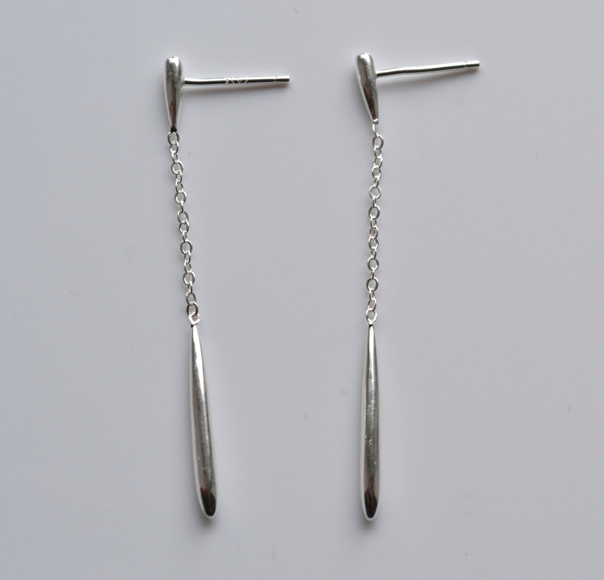 Sterling Silver 925 Elongated Bar Stud Drop Earrings