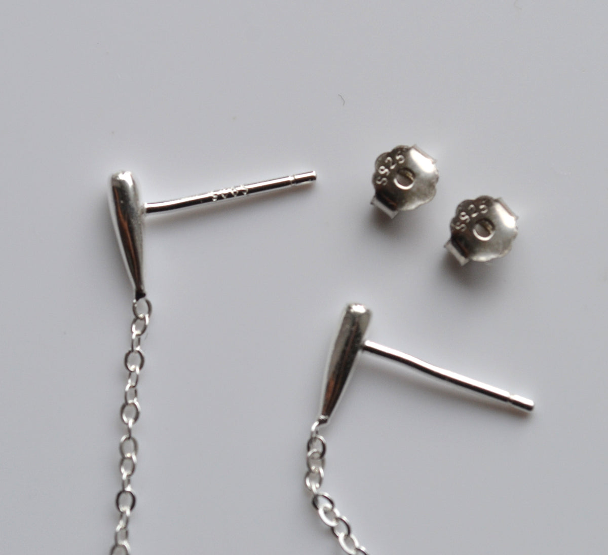 Sterling Silver 925 Elongated Bar Stud Drop Earrings
