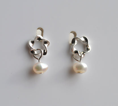 Sterling Silver 925 Open Twist Circle with Genuine Fresh Water 3mm White Pearl Stud Earrings