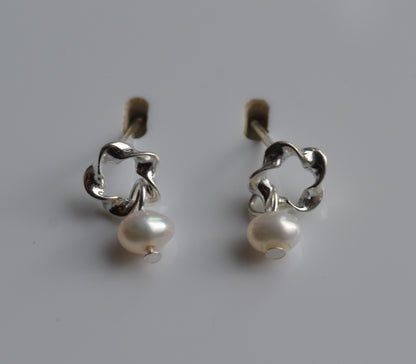 Sterling Silver 925 Open Twist Circle with Genuine Fresh Water 3mm White Pearl Stud Earrings