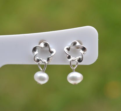Sterling Silver 925 Open Twist Circle with Genuine Fresh Water 3mm White Pearl Stud Earrings