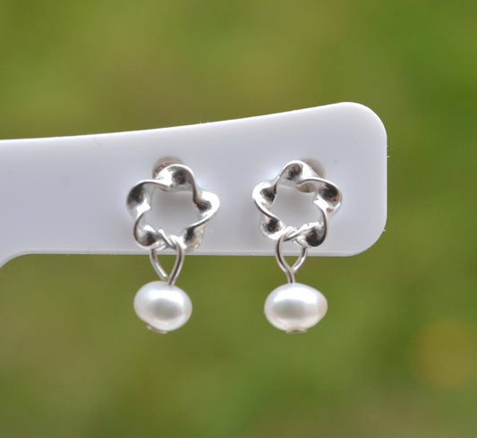 Sterling Silver 925 Open Twist Circle with Genuine Fresh Water 3mm White Pearl Stud Earrings