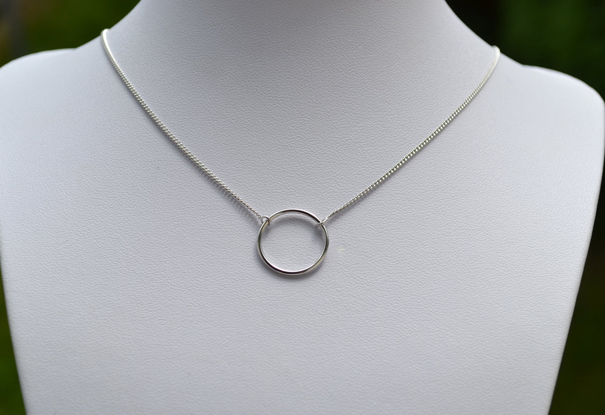 Sterling Silver 925 Rhodium Plated Open Circle Necklace on 15-16 or 16-18 inch Curb Chain
