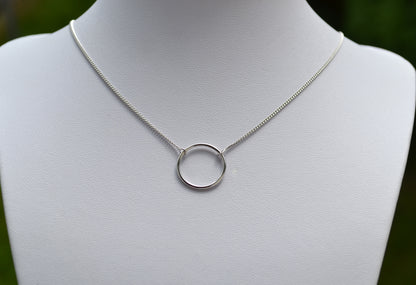Sterling Silver 925 Rhodium Plated Open Circle Necklace on 15-16 or 16-18 inch Curb Chain