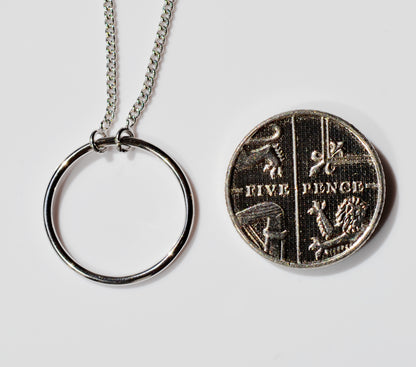 Sterling Silver 925 Rhodium Plated Open Circle Necklace on 15-16 or 16-18 inch Curb Chain