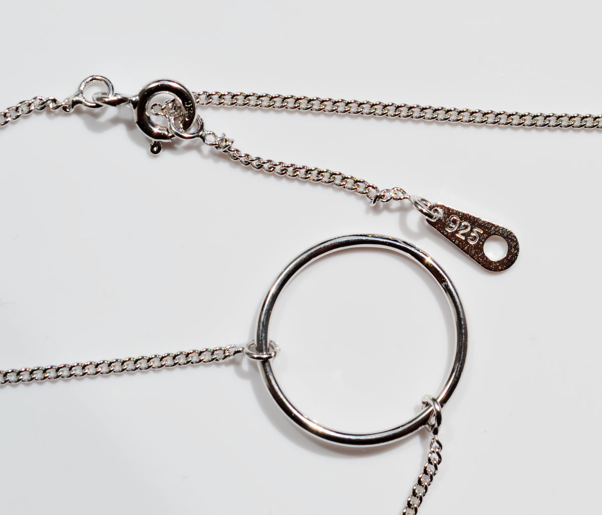 Sterling Silver 925 Rhodium Plated Open Circle Necklace on 15-16 or 16-18 inch Curb Chain