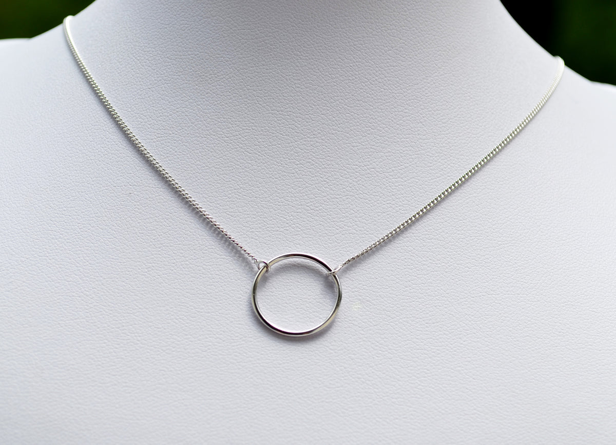 Sterling Silver 925 Rhodium Plated Open Circle Necklace on 15-16 or 16-18 inch Curb Chain