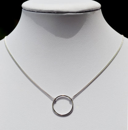 Sterling Silver 925 Rhodium Plated Open Circle Necklace on 15-16 or 16-18 inch Curb Chain