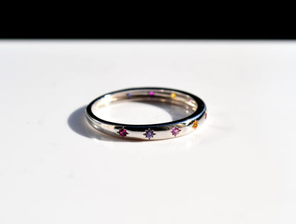 Sterling Silver 925 2mm Wide Multi Coloured CZ Star Set Closed Ring Not Adjustable