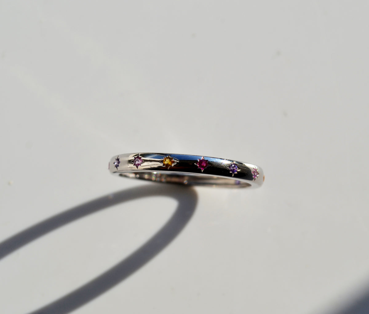 Sterling Silver 925 2mm Wide Multi Coloured CZ Star Set Closed Ring Not Adjustable