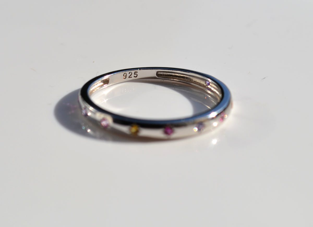 Sterling Silver 925 2mm Wide Multi Coloured CZ Star Set Closed Ring Not Adjustable