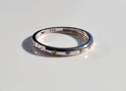 Sterling Silver 925 2mm Wide Multi Coloured CZ Star Set Closed Ring Not Adjustable