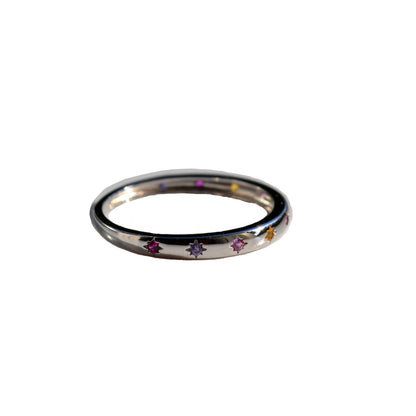 Sterling Silver 925 2mm Wide Multi Coloured CZ Star Set Closed Ring Not Adjustable