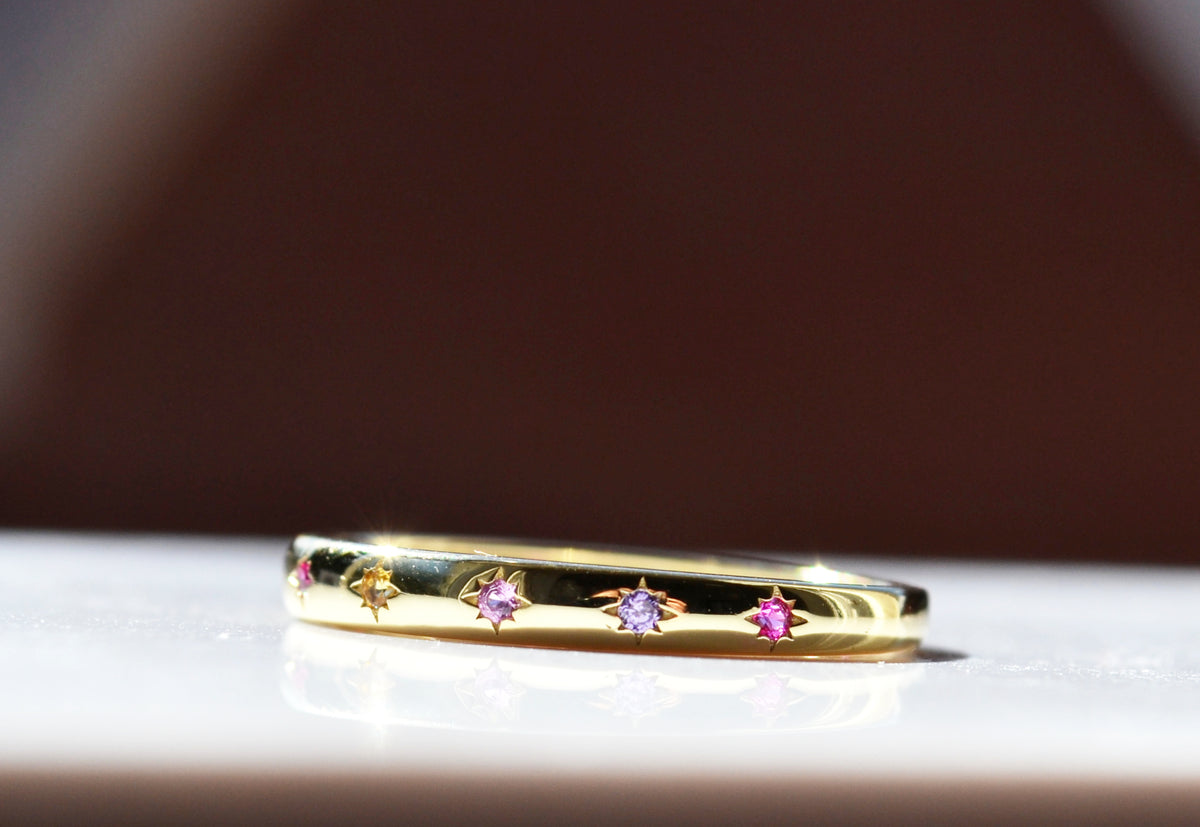 Sterling Silver 925 Yellow Gold Plated 2mm Wide Multi Coloured CZ Star Set Closed Ring Not Adjustable (Copy)
