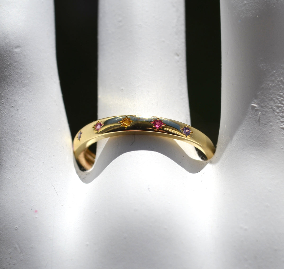 Sterling Silver 925 Yellow Gold Plated 2mm Wide Multi Coloured CZ Star Set Closed Ring Not Adjustable (Copy)