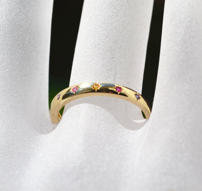 Sterling Silver 925 Yellow Gold Plated 2mm Wide Multi Coloured CZ Star Set Closed Ring Not Adjustable (Copy)