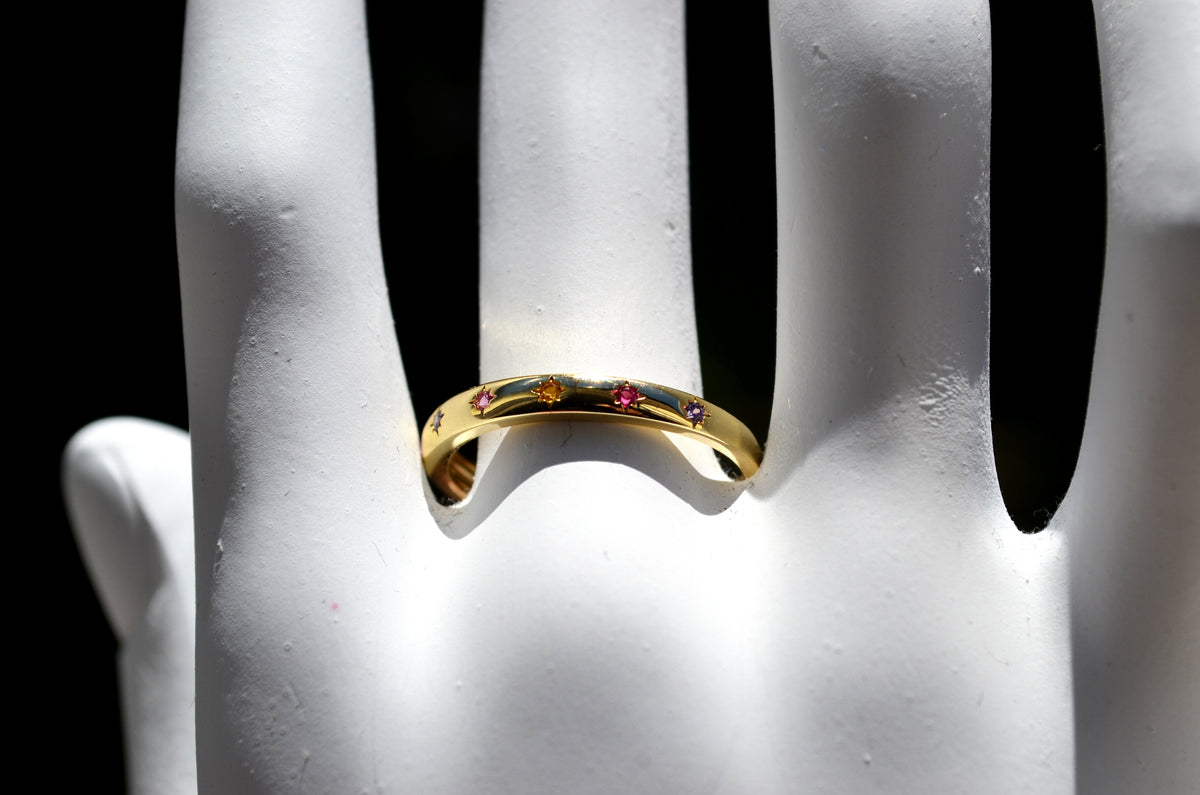Sterling Silver 925 Yellow Gold Plated 2mm Wide Multi Coloured CZ Star Set Closed Ring Not Adjustable (Copy)